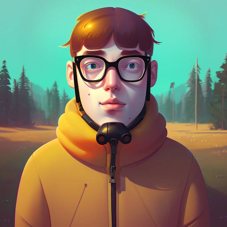 An awkward portrait of a nerd guy, cartoon style Simon Stålenhag