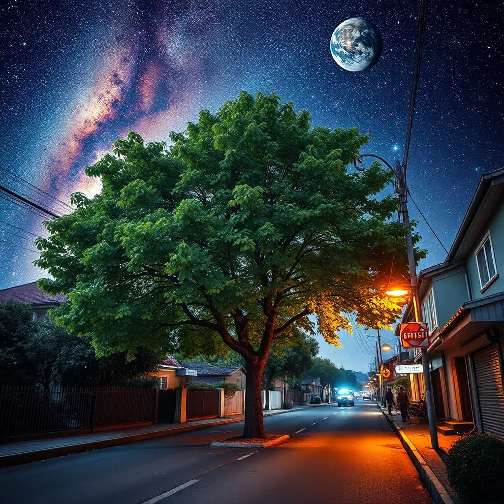 Photograph hasselblad h6d400c --ar 85:128 --v 6.0 of a street, tree, 3d deep field, galaxies and planets, odd, abstract, expressionist style, colorful holiday