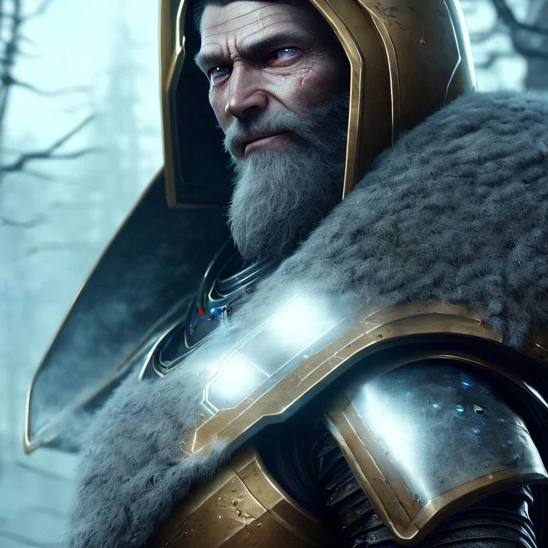 Epic Character design, strong Male void soldier wearing metal armor silver/black/dark gold, mist, photorealistic, octane render, unreal engine 5 style, ultra detailed, volumetric lighting, Organic Horror, old man with helmet scarred face with beard