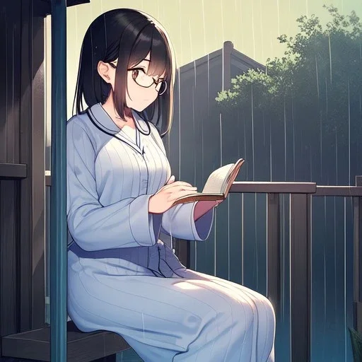 anime girl sitting on a porch swing of an old house, journaling, wearing pajamas, writing in a book, shes watching it rain, more detail on hands and her face,shes deep in her thoughts, wearing glasses, rain drops, she has a pencil in her hand and is writning in the book, she is looking down at what she is writing, lightning