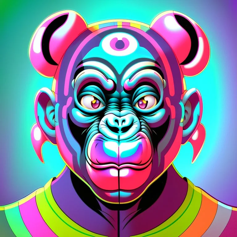 Mojojojo chimpanzee alien hybrid villain, expportrayed digital illustration of cartoonist animation style, 90s cartoon animation, hand drawn, lisa frank coart gross art, pop punk, 90s anime inspired, airbrushing, post modern, horror cut, gradient chrome abberations, retro weird drawings