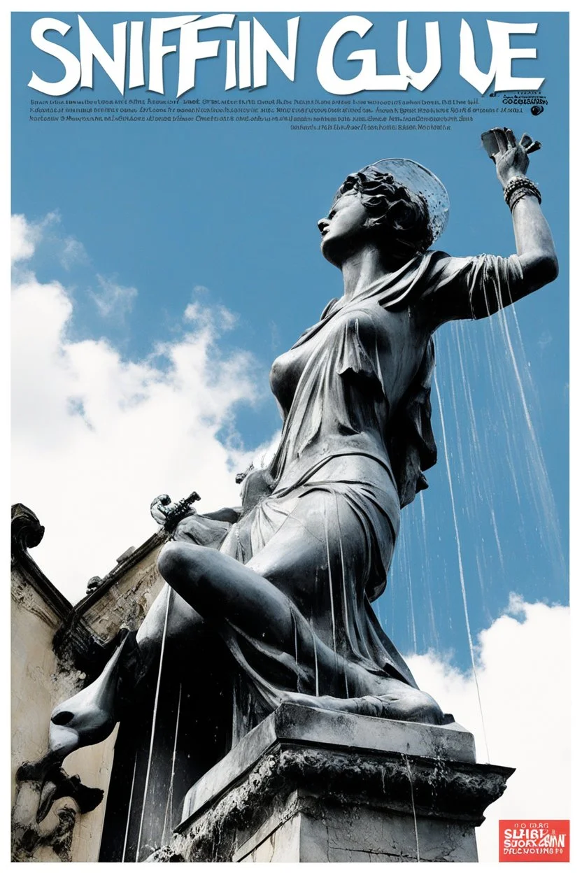 SNIFFIN’ GLUE magazine high res photo cover by Ralph Steadman: special issue #42 on older statues of Saint Maria seen from below, guest star: Lola Glaudini with no inhibitions under the shower, she is blessing the sky in agent provocateur [a lot of writing and table of content issues like indie magazines]