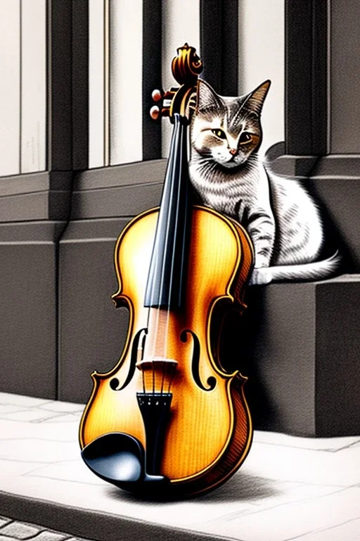 One single mature cat, sleeping in a corner on the street, violin case, Vienna, model style, hyper realistic, extremely accurate, delicate, extremely detailed, Graphic novel style, wide-angle, open aperture, superfine pencil