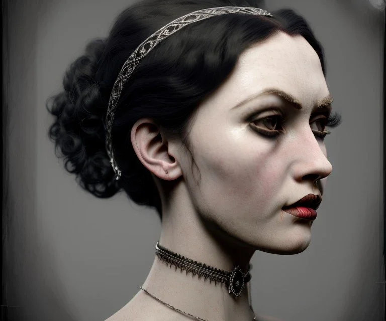 1800s, witchy, pale, strong jawline, victorian, portrait, choker, black curly hair, thick eyebrows, full lips, victorian dress, beautiful, silver tiara, hair headdress, metal beads