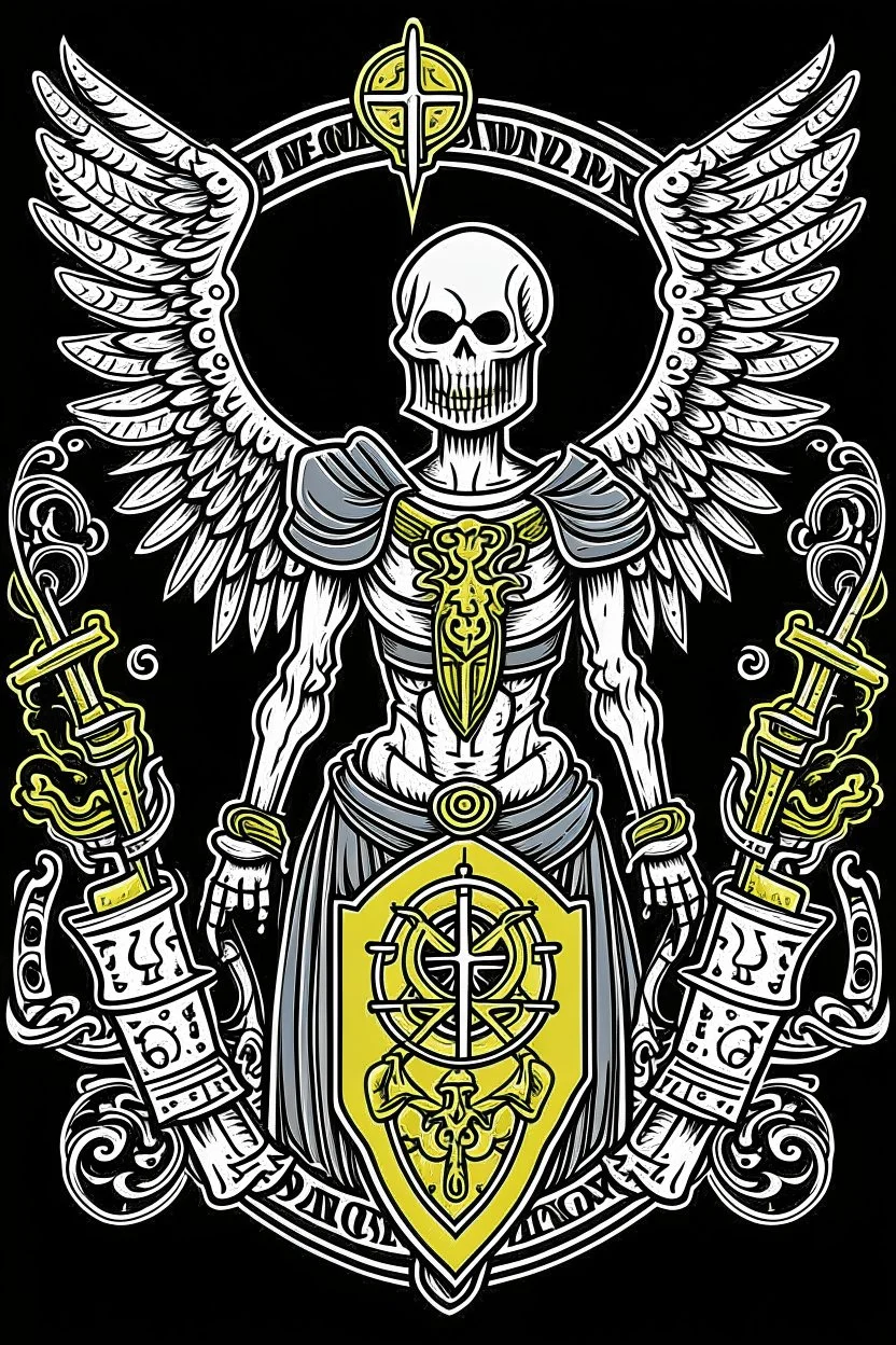 A coat of arms featuring the angel of death, and science fiction weapons