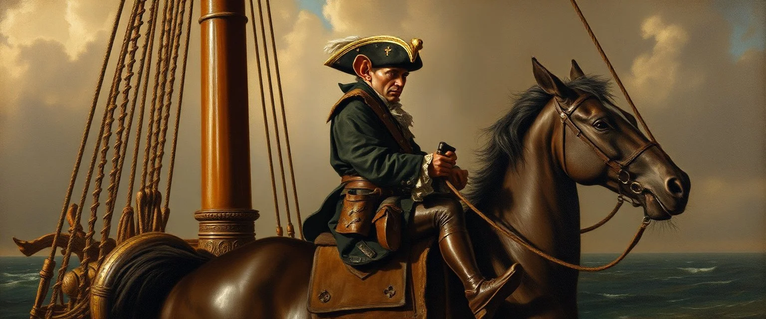 master oil painting by Rembrandt, good afternoon bitch scary hot seductive pirate merchant rat swashbuckler on stallion on ship