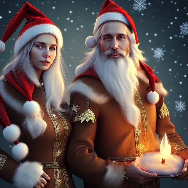 two elves. woman and man. Christmas scene. photorealistic. low-key