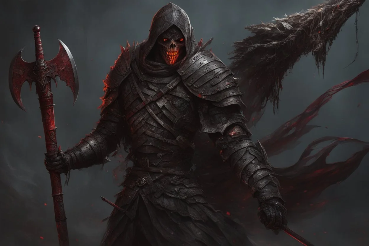 a hideous wraith warrior. guts hanging out. chain mail fussed to skin. blood. bile. melted fat. broken bones. bleeding eyes. crushed skull. broken fangs. broken jaws. broken armor. gloves. real weapons. perfect weapons. intense horror. blind terror. scared to death.