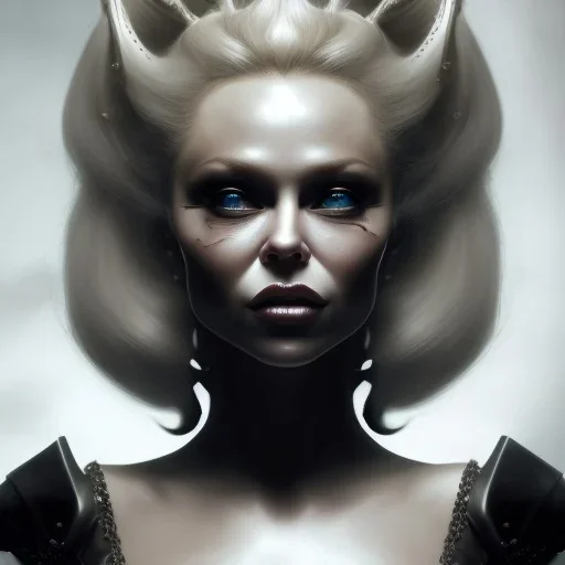 Pamela Anderson as evil queen in black leather, leather, busty, cleavage, angry, stern look. character design by cory loftis, fenghua zhong, ryohei hase, ismail inceoglu and ruan jia. unreal engine 5, artistic lighting, highly detailed, photorealistic, fantasy