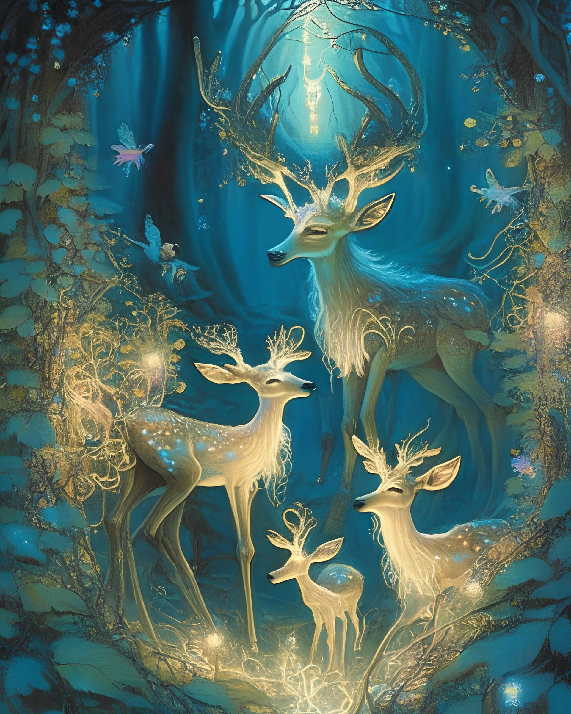 An enchanting depiction of a family of deer frolicking in a magical forest filled with glowing plants and mystical creatures, in the style of fantasy art, dreamy lighting, intricate details, and a sense of wonder, inspired by the works of Brian Froud and Kinuko Y. Craft, transporting the viewer to a realm of enchantment and fairy tales.