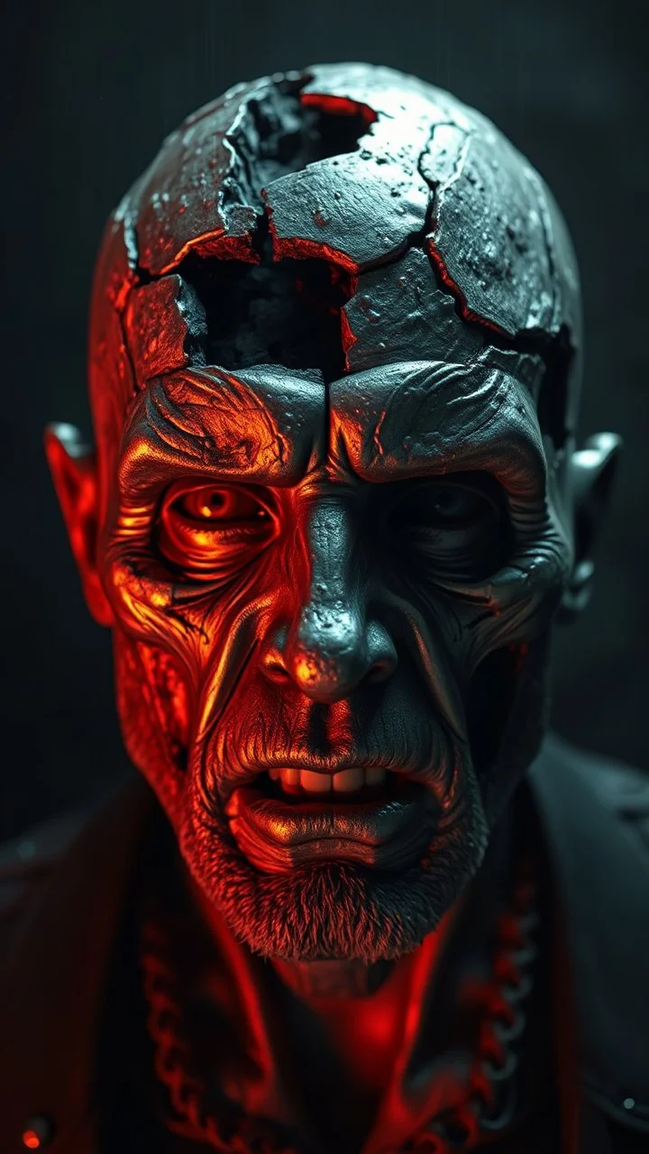 Busch painting style nightmare, a zoomed view man his head is a broken metallic skin texture in a 3d rendering full-height image of a grim and dark scene. Ensure the final images exhibit the utmost quality, encompassing 4K, 8K, and 64K resolutions, with 3D rendering that manifests in photorealistic, hyperrealistic, and highly detailed representations. Employ techniques such as HDR, UHD,