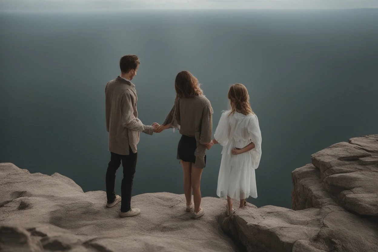 Only one guy and a girl are standing on the edge of a cliff and holding hands