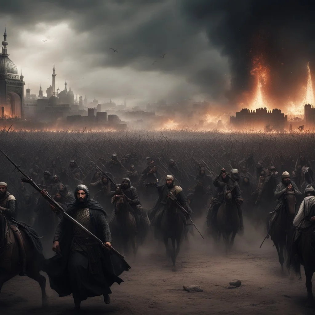 Hyper Realistic Karbala War with dramatic, dark & cinematic ambiance.