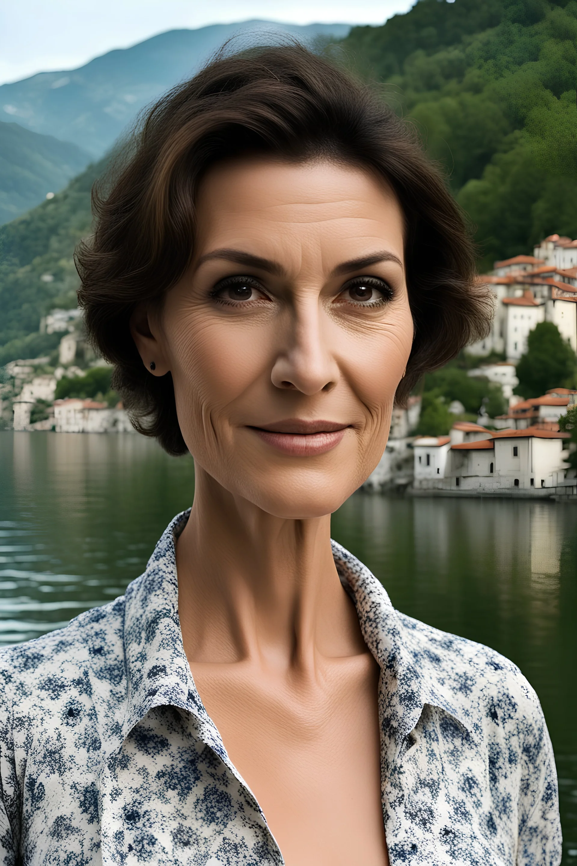 Act like a fashion photographer. Create a natural, not shiny, realistic photograph of a small Italian town at Como Lake in late spring with a 40-year-old, looking younger than her age, beautiful, Italian woman in Monica Belluci style with short hair and black eyes. Use a portrait lens and a Fuji T30 camera for mild light, warm, golden hour photos from a distance, elegant red dress, low exposition