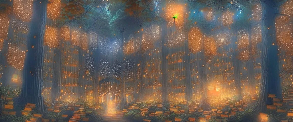 Realistic view a huge library in forest with fireflies and orange mystic lights around trees that have wide leaves and broad trunked