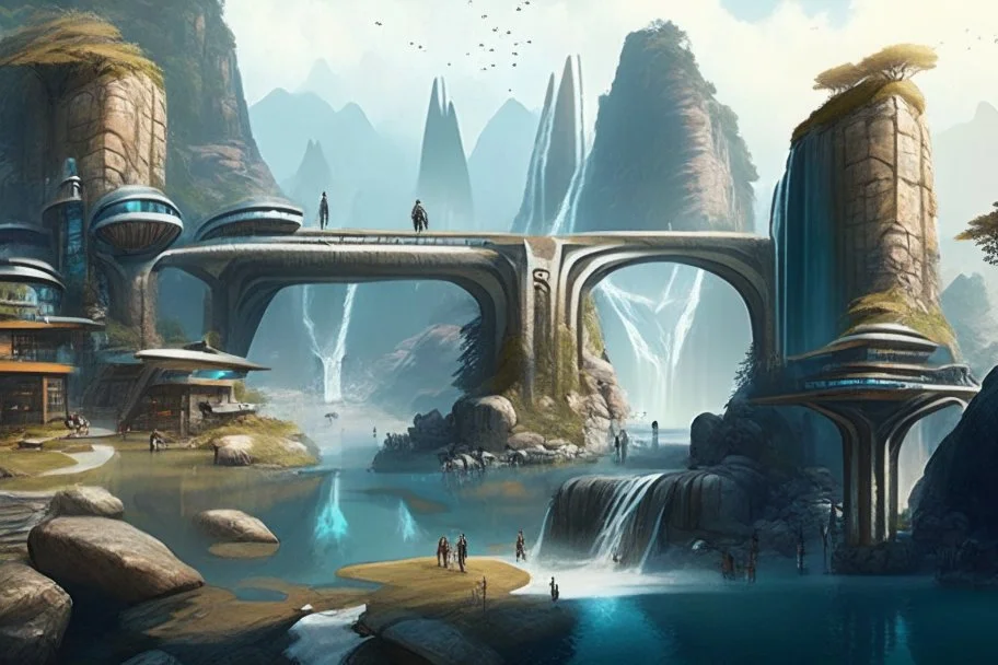 futuristic village with waterfall, bridges, people, next to lake, rocks