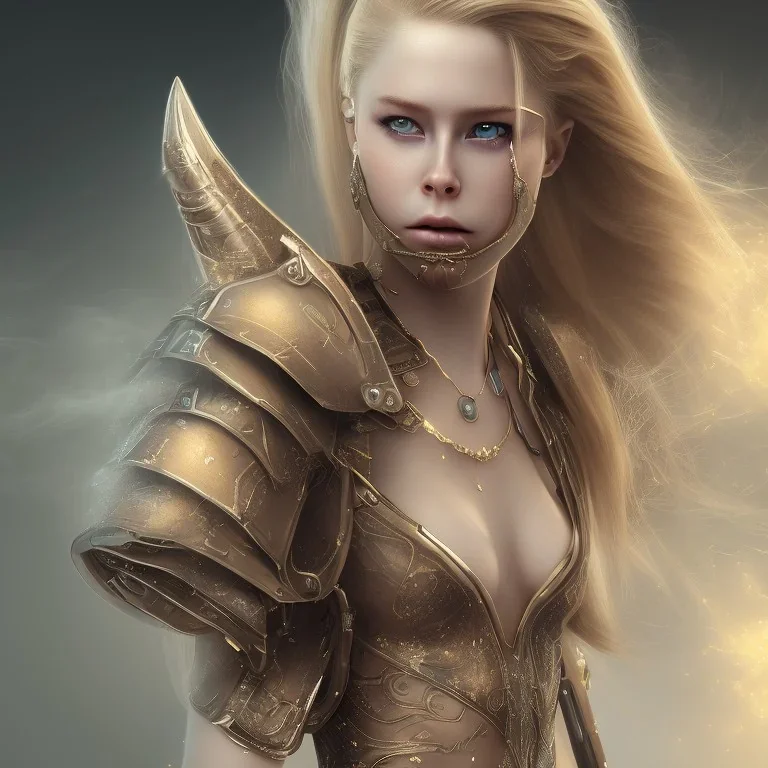 perfect face avril lavigne, dress armor athena, golden, particle fog, cloud, smoke