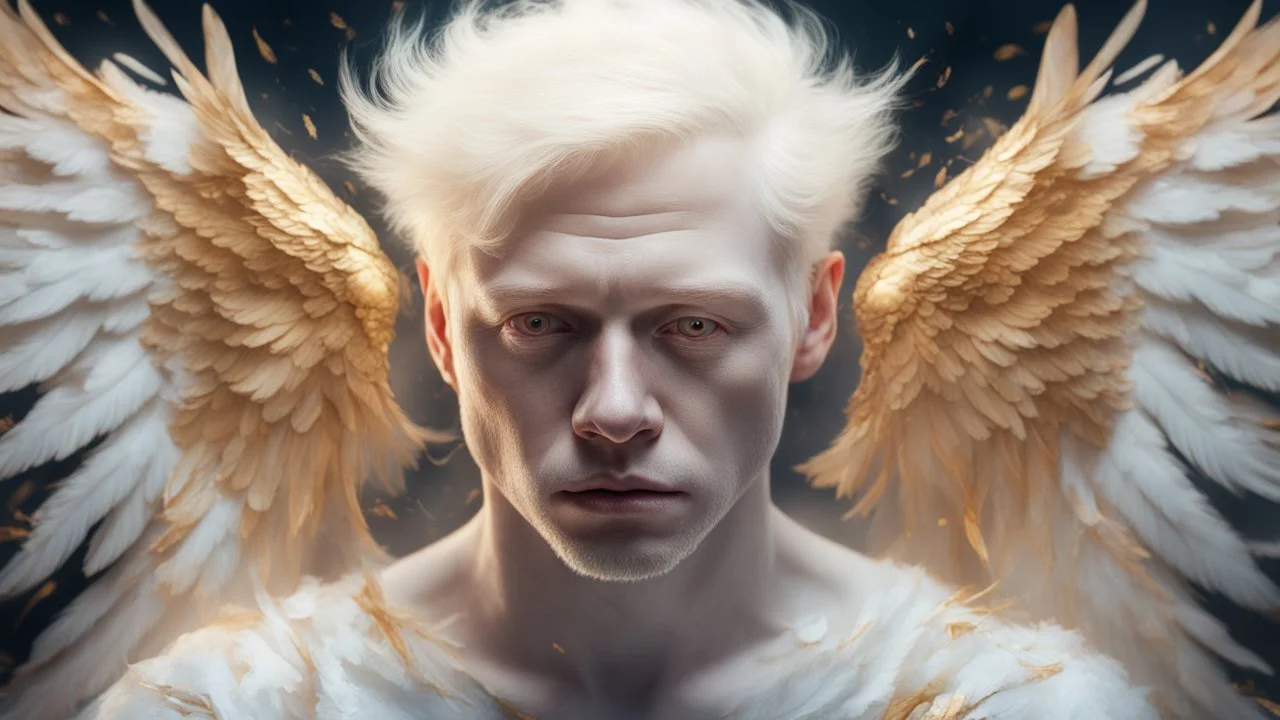 albino man 35 years old, sad angel, fine rendering, high detail, 8K, bright colors, HD photography, gold, flying feathers, double exposure