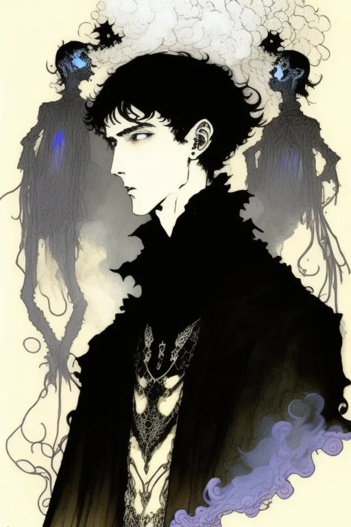 17 year old boy, necromancer, friendly, looks dead, surrounded by weird smoke with eyes, wearing black robes, in the style of Harry Clarke