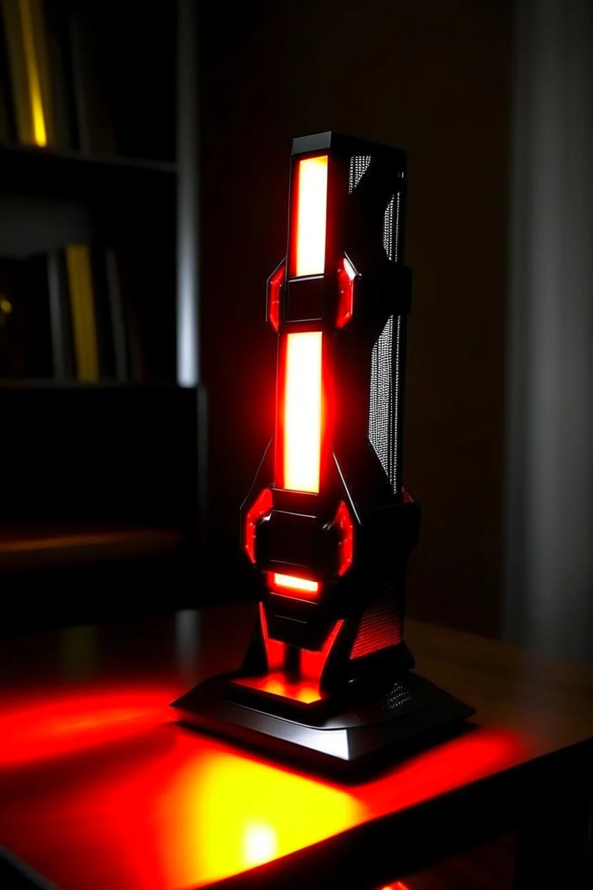 gaming lamp, form inspired by avengers tower, architecture form, modern design style and black and red color