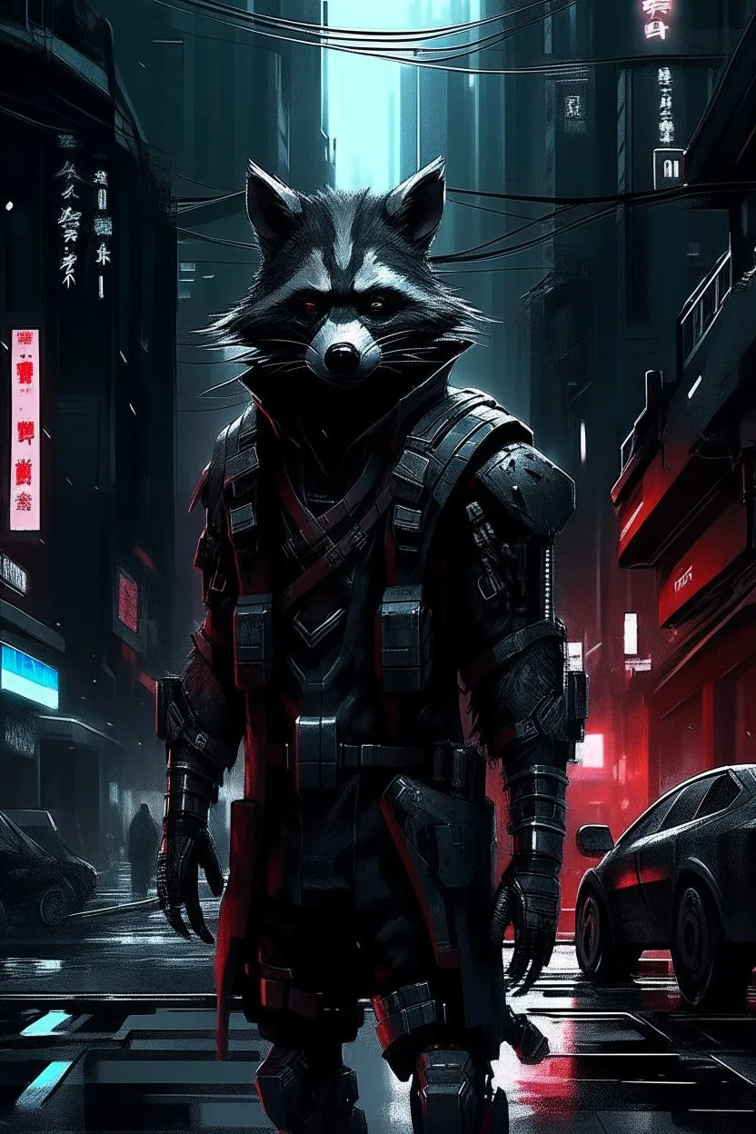 a cyberpunk racoon standing in a city street, black armour, with red highlights, grey cyberpunk city background