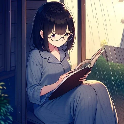 anime girl sitting on a porch swing of an old house, journaling, wearing pajamas, writing in a book, shes watching it rain, more detail on hands and her face,shes deep in her thoughts, wearing glasses, rain drops, she has a pencil and is writning in thbe book