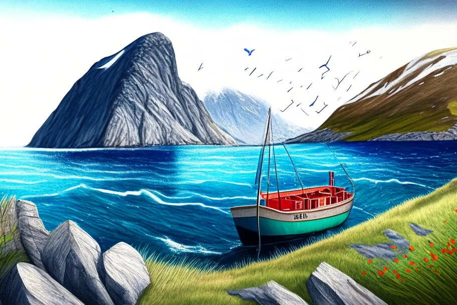 Colored pencil drawing of Norway, mountains, ocean, small fisher boat, very detailed, realistiv