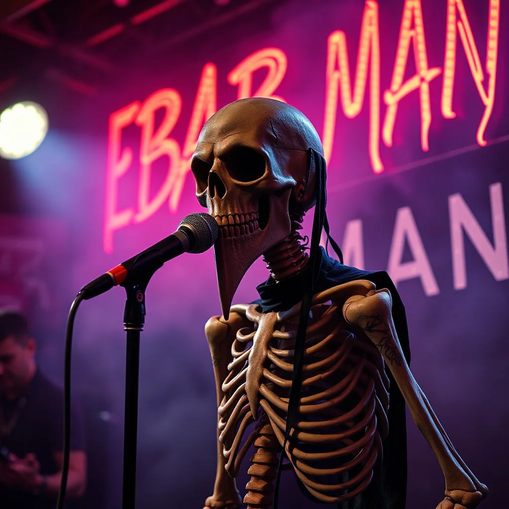 a very thin swedish man (near skeleton), with a plague mask with only a hole for the mouth (no eyes), he is called "KEBAB MAN" performing at death metal club, his name is "KEBAB MAN" kebab rolls On stage, kebab Neon lights and smog, and "KEBAB MAN" big sign on the wall, kebab tribal tattooes, spinning kebab machines, flames and smoke, chaos, he singing with mic,