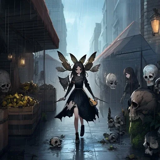 Butterflies, Skulls Queen, raining, raivens, destroyed streetMarket,