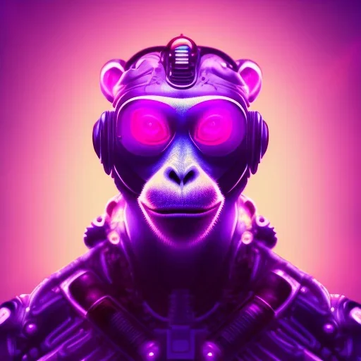 A beautiful portrait of a cyborg monkey purple neon color scheme, high key lighting, volumetric light high details psychedelic background