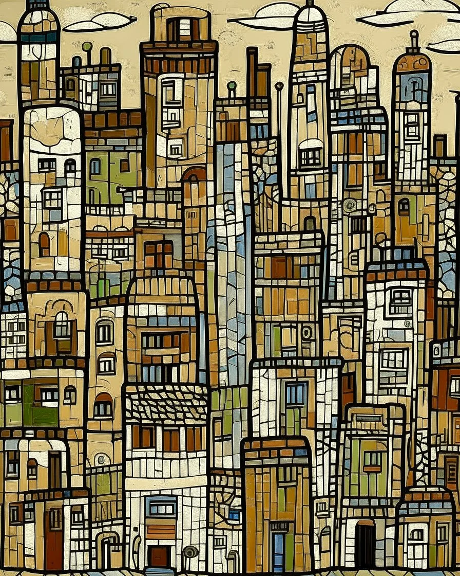 A tan city with tall buildings and a nuclear plant painted by Jean Dubuffet