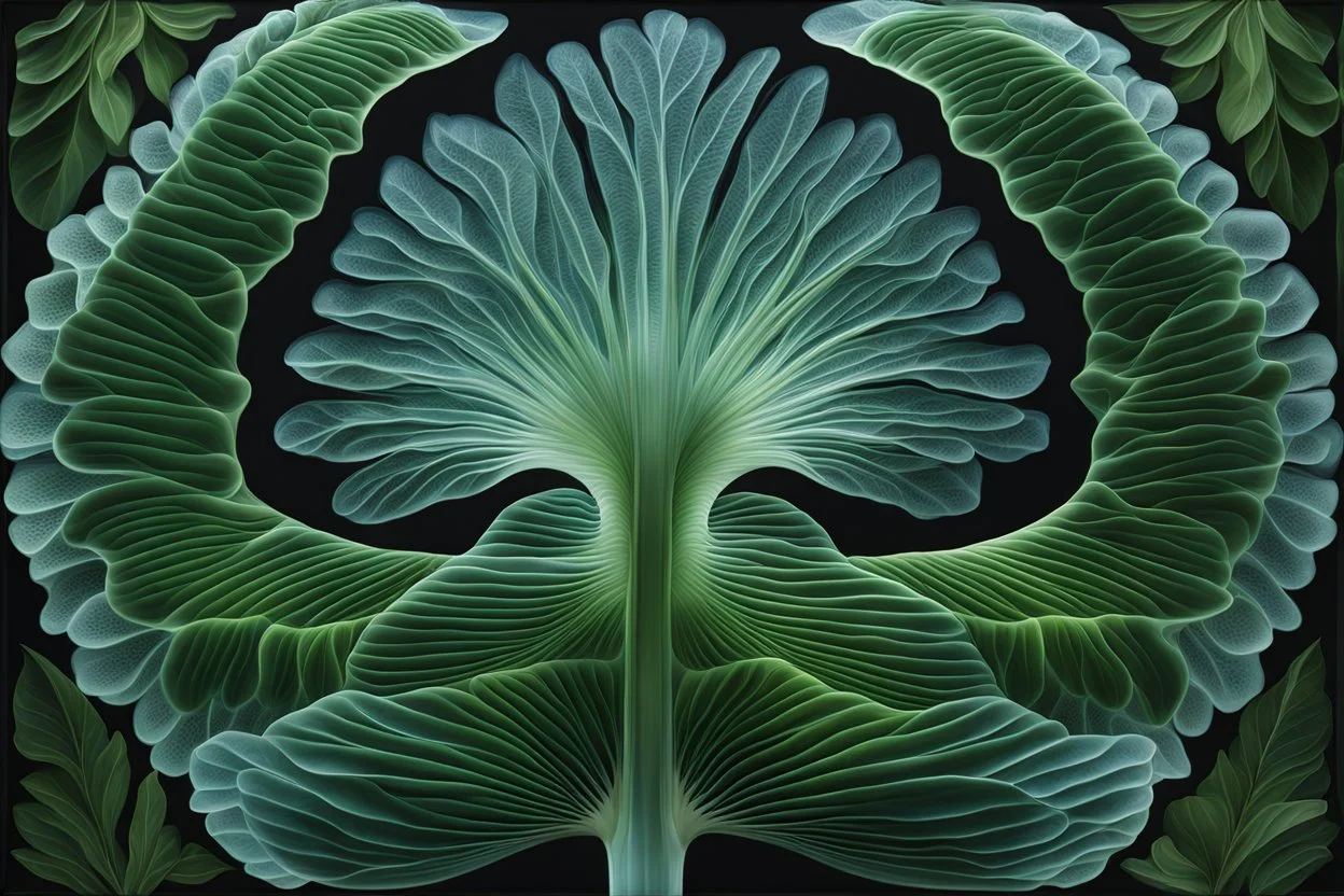 A mesmerizing depiction of dark green botanic organ mutation, inside translucent bulging glass petals. This exquisite image, possibly a painting or digital artwork, captures the complexity and elegance of this bizarre subject.the external presentation is a light blue beautiful and fragile pretty opacity, but inside is a horror muatation of botanical ecco sexual evolution. Every intricate detail is meticulously rendered, showcasing the strangeness and beauty in this strangely captivating world. T