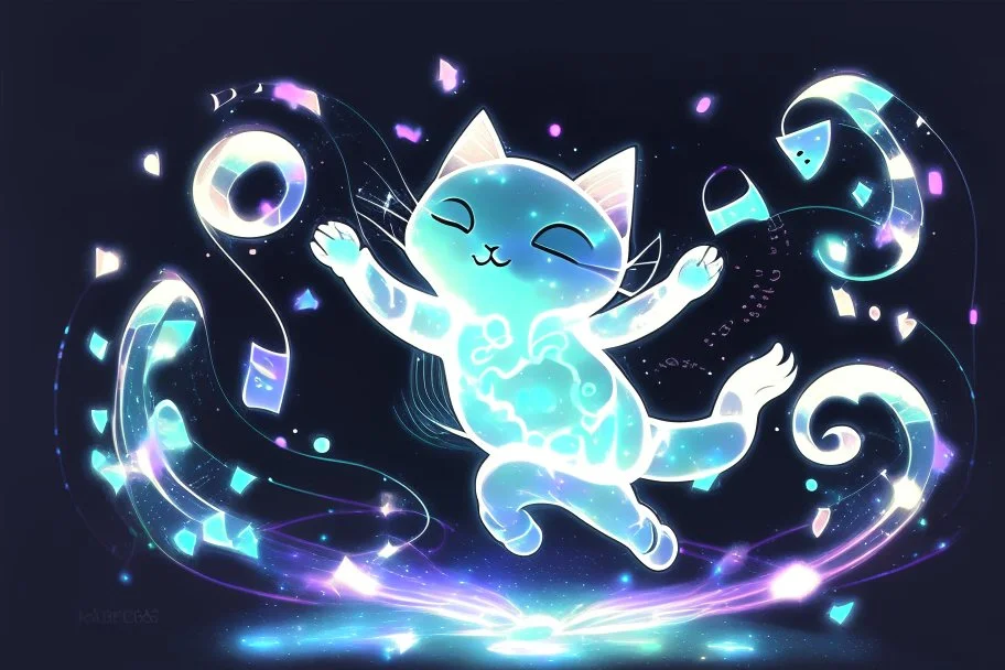 cute chibi dynamically dancing cat, holographic, bioluminescent, an image visualizing musical notes in an abstract and dynamic composition. Let the musical notes dance in the air, forming a symphony of shapes and symbols that convey the essence of sound. Show the notes floating and intertwining in air, creating a visually harmonious composition