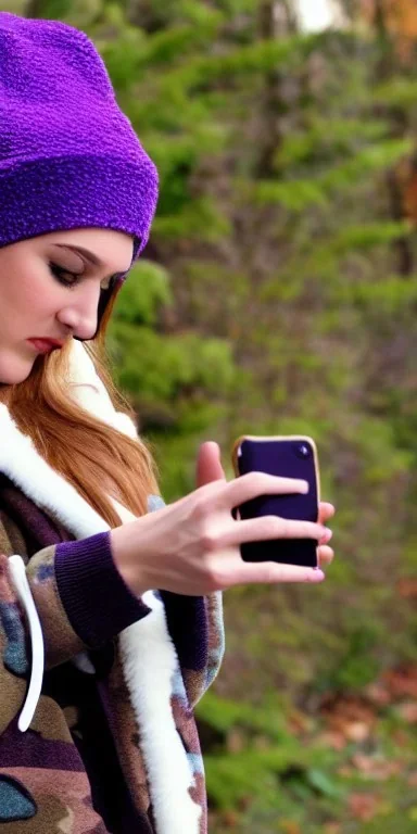 Brunette taking selfie.thick thighs,thick calves,flat belly,curvy fell. big head. Mantle is sewed of upcycled Denim and sewed together of camouflage pieces. Pieces' color are orange, cream and purple. It is with big bright purple felt tippet and birght-colored-hood is merged with colorful beanie. Big colored headphones (gold rings!) is merged with small felt cap with small visor. Style: Haute Couture in 1950's Africa, N.Y.C fashion in 2023