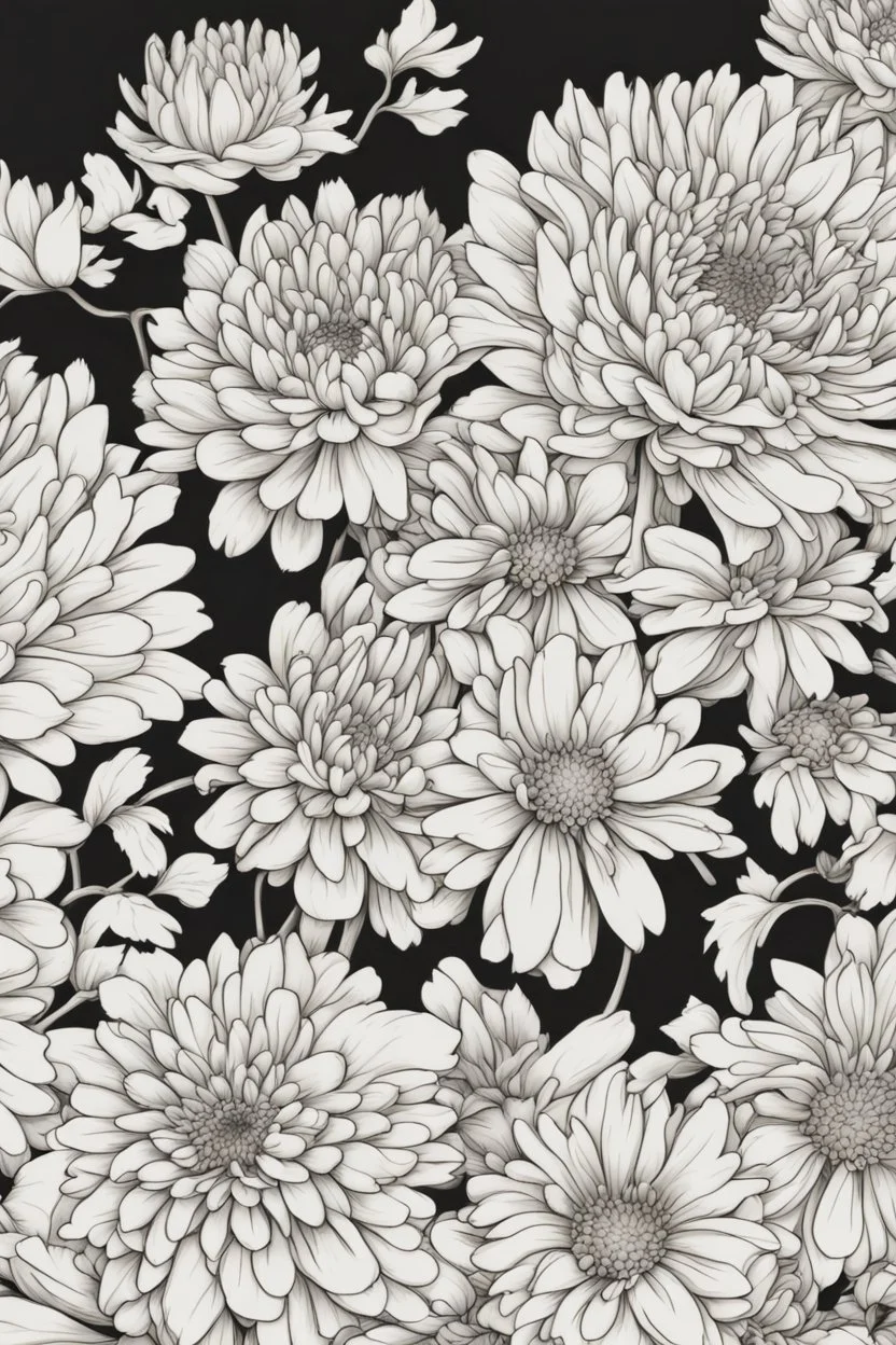 outline art of Chrysanthemums only black and white, no colour , White background. sketch style, clean line art, white background, no shadow and clear, no people, no colour, for book