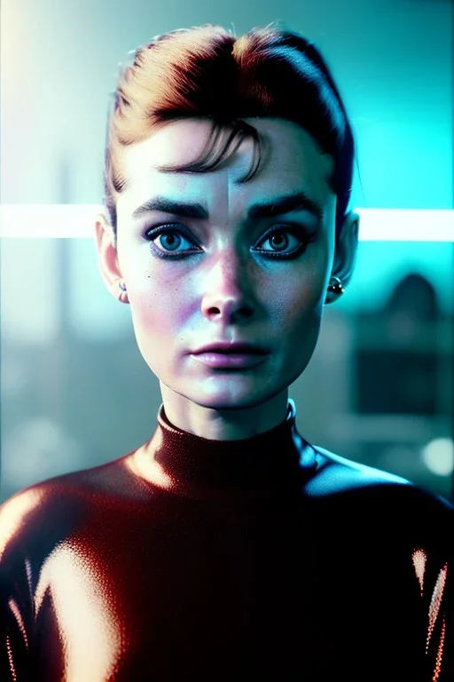 Ultra Realistic retro sci-fi scene, portrait, brunette woman, sweet Audrey Hepburn face, perfect iris, glow eyes, makeup. Aliens background, Retro sci-fi style, helmet, tight latex coat, fog, rain, soft color, highly detailed, unreal engine 5, ray tracing, RTX, lumen lighting, ultra detail, volumetric lighting, 3d, finely drawn, high definition, high resolution.