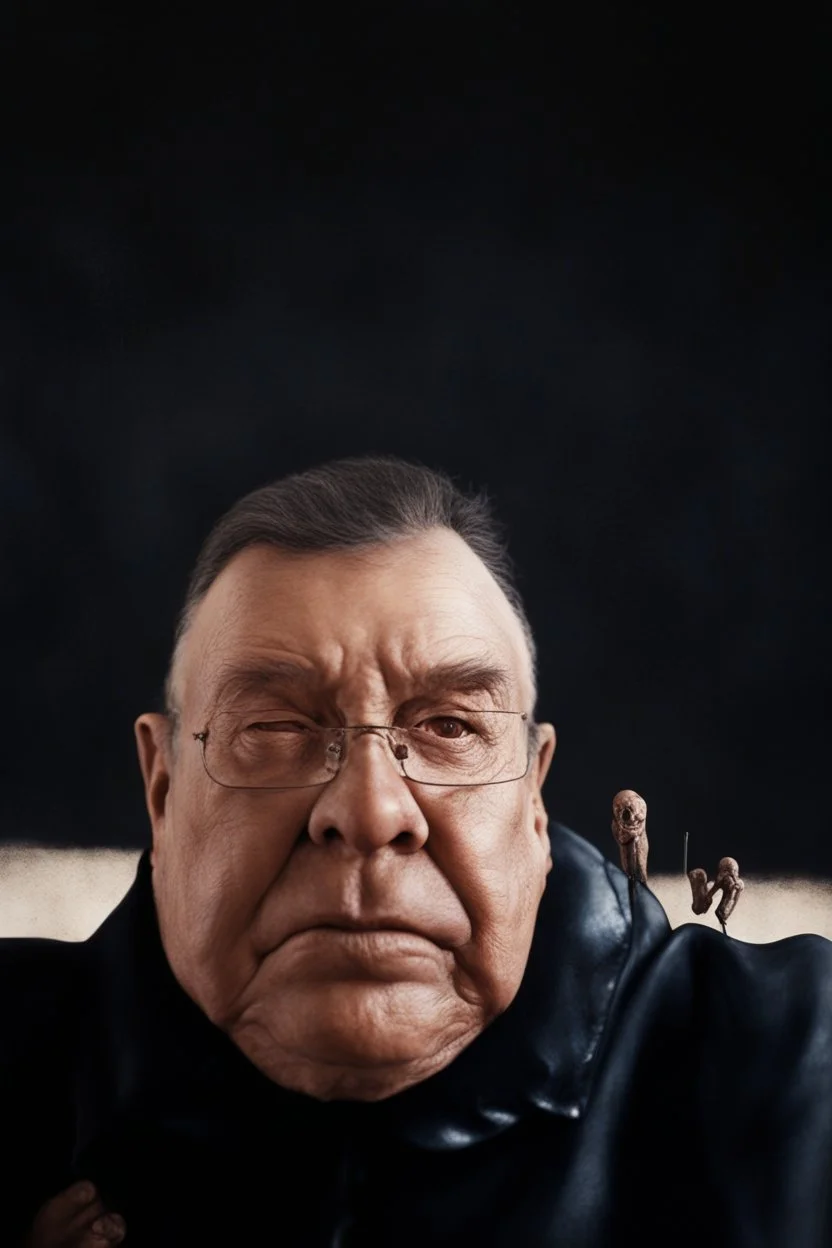 The full body of a fat old man , use the face in the picture , holding a cane , front view camera, decayed and rotting with grotesque proportions and imagery. surreal horror, biomechanical design, by hr giger and beksinski , fine lines draw