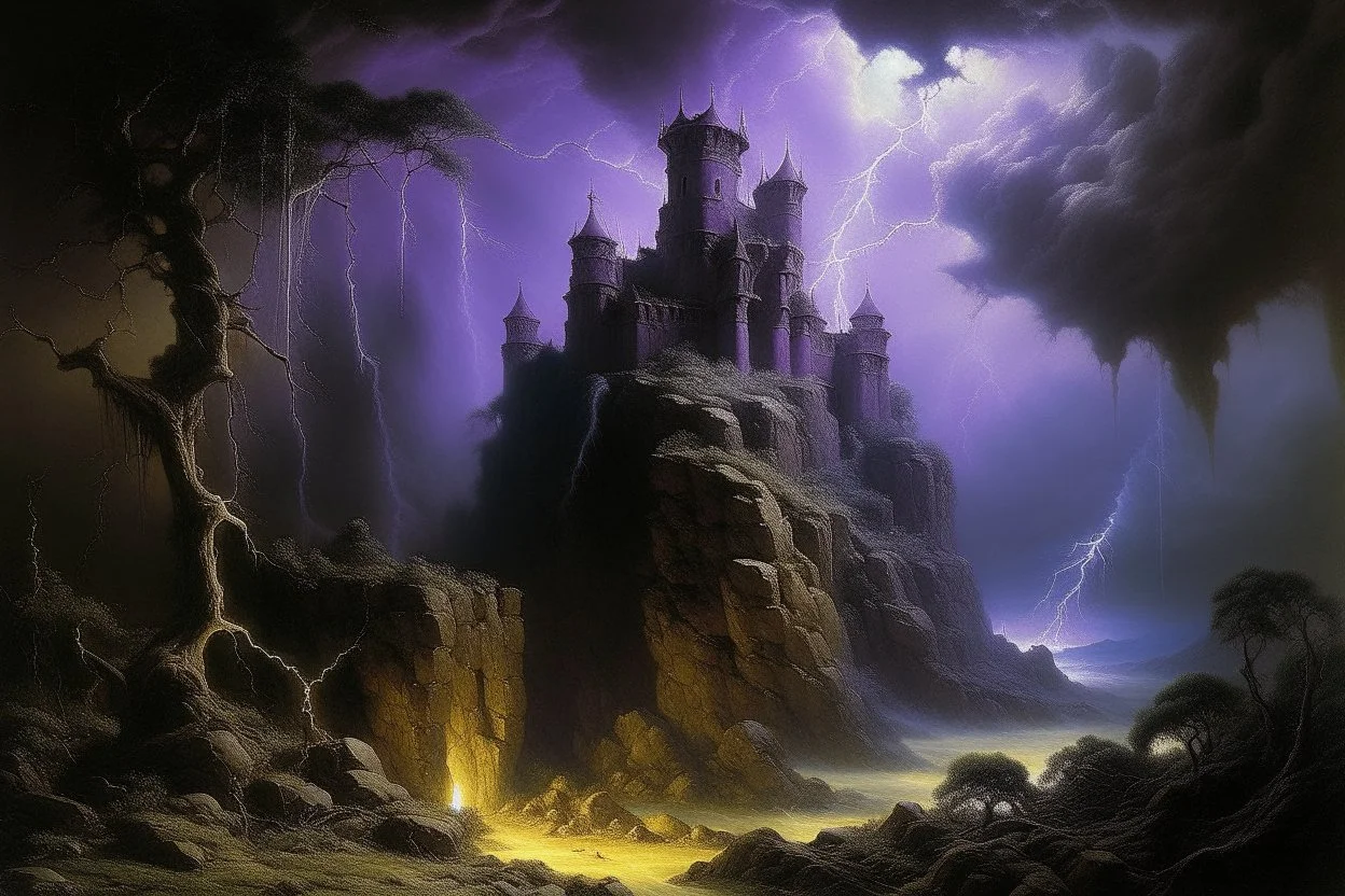 A violet castle in a thunderstorm near an acid pool designed in Javanese shadow puppets painted by Francis Danby