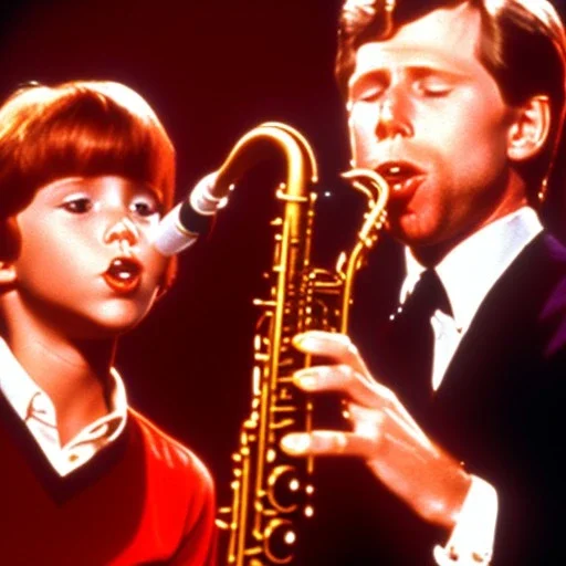 REd-haired Ron howard Is richie from happy days playing saxophone with his "eyes closed", rock band, embouchure, joanie cunningham