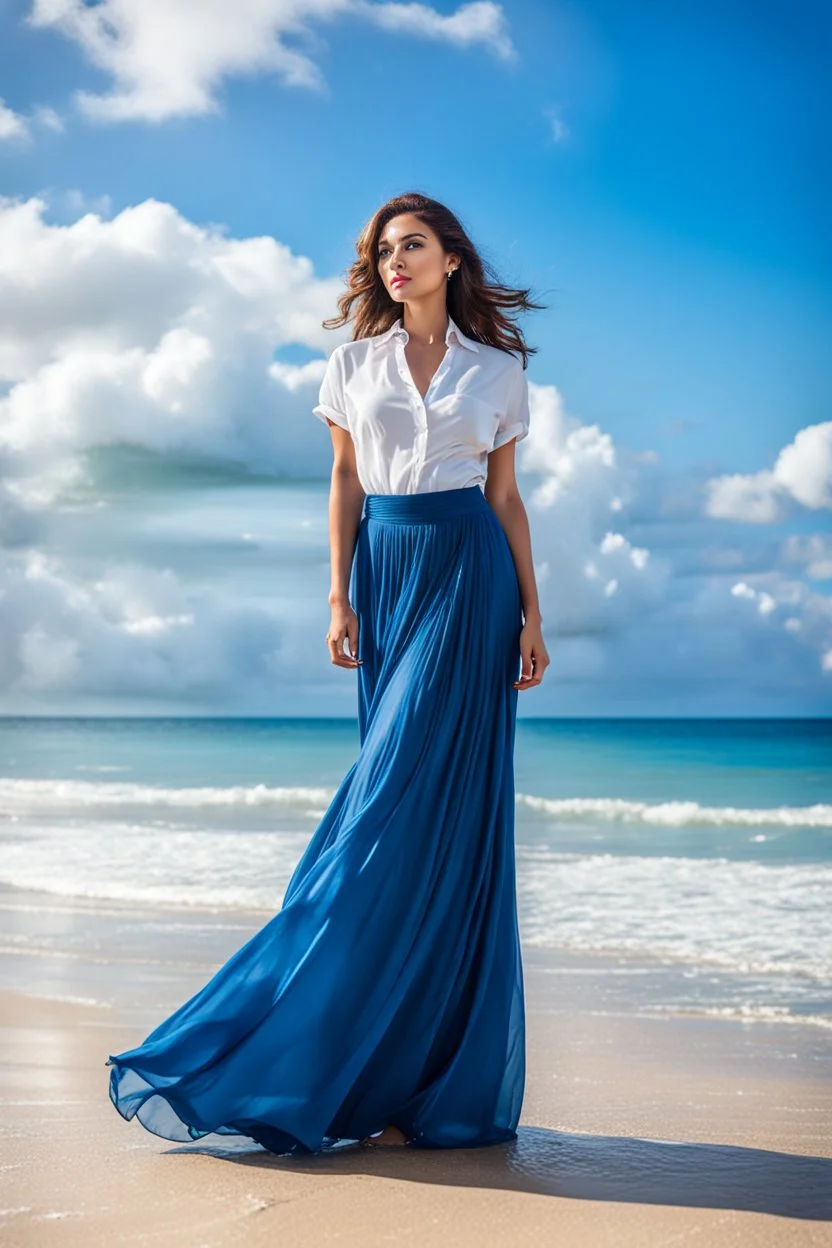 young lady wearing beautiful maxi blue skirt and elegant shirt standing in beach posing to camera ,upper body shot,ships in sea ,blue sky nice clouds in background