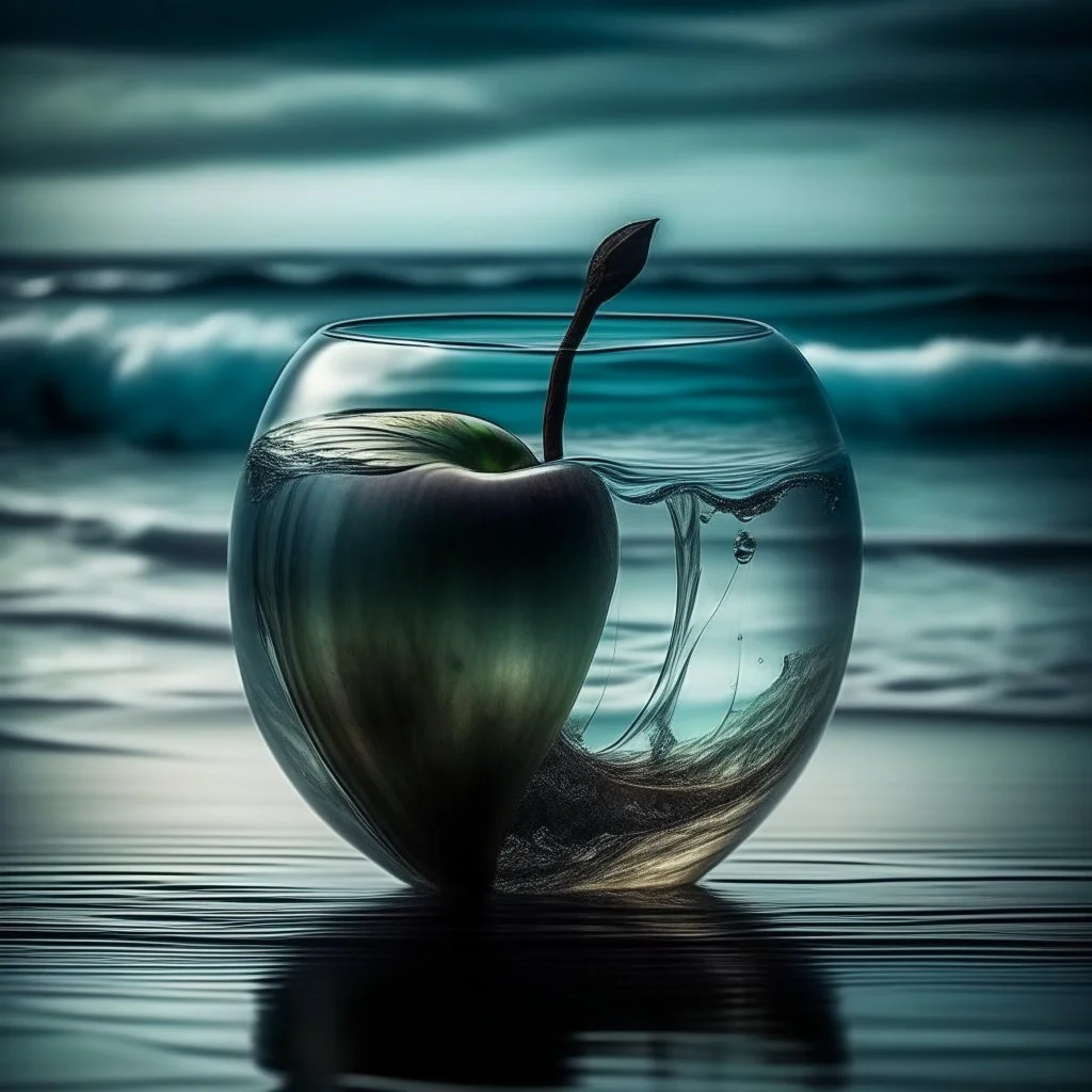 lovely double exposure image by blending together a stormy sea and a glass apple. The sea should serve as the underlying backdrop, with its details subtly incorporated into the glossy glass apple, sharp focus, double exposure, glossy glass apple, (translucent glass figure of an apple) (sea inside) lifeless, dead, glass apple, earthy colors, decadence, intricate design, hyper realistic, high definition, extremely detailed, dark softbox image, raytracing, cinematic, HDR, photorealistic (double exp