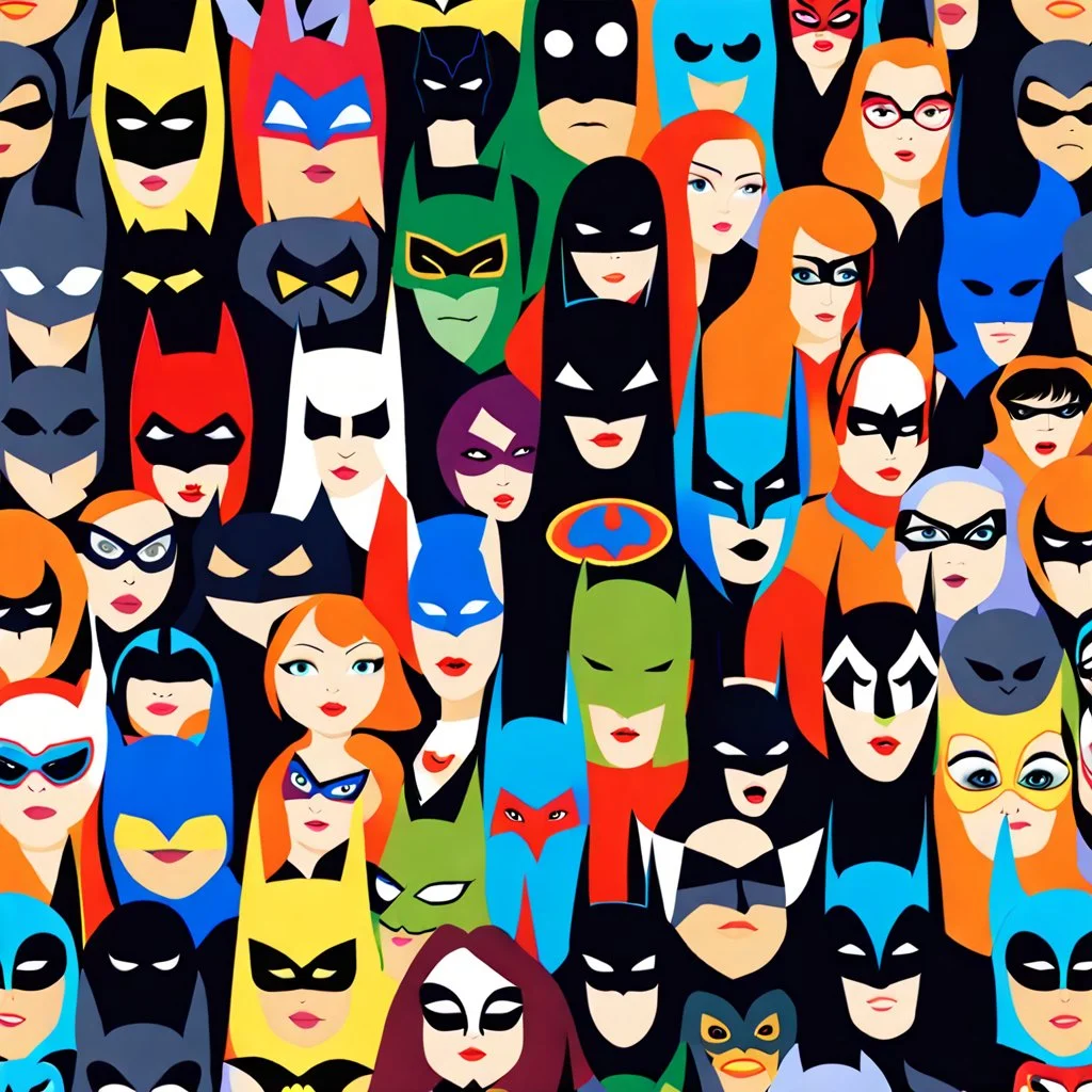 An illustration of multicolored [batmans] gathered around, in the style of margaret keane, pattern designs, tim holtz, flickr, lowell herrero, intense expressions, close - up intensity