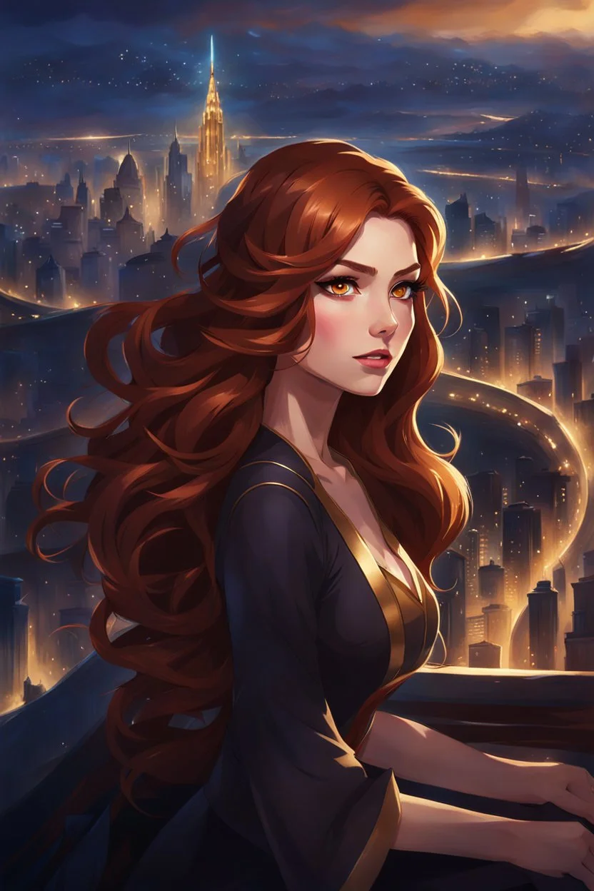 girl with long, wavy, auburn hair. With brown/gold eye color. Look towards the city at night. League of legends