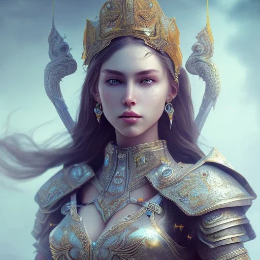 portrait of a warrior with godddes beautiful girl themed armour, extremely detailed, dslr, macro lens, perfect position,hyperphotorealistic, unreal engine, octane render