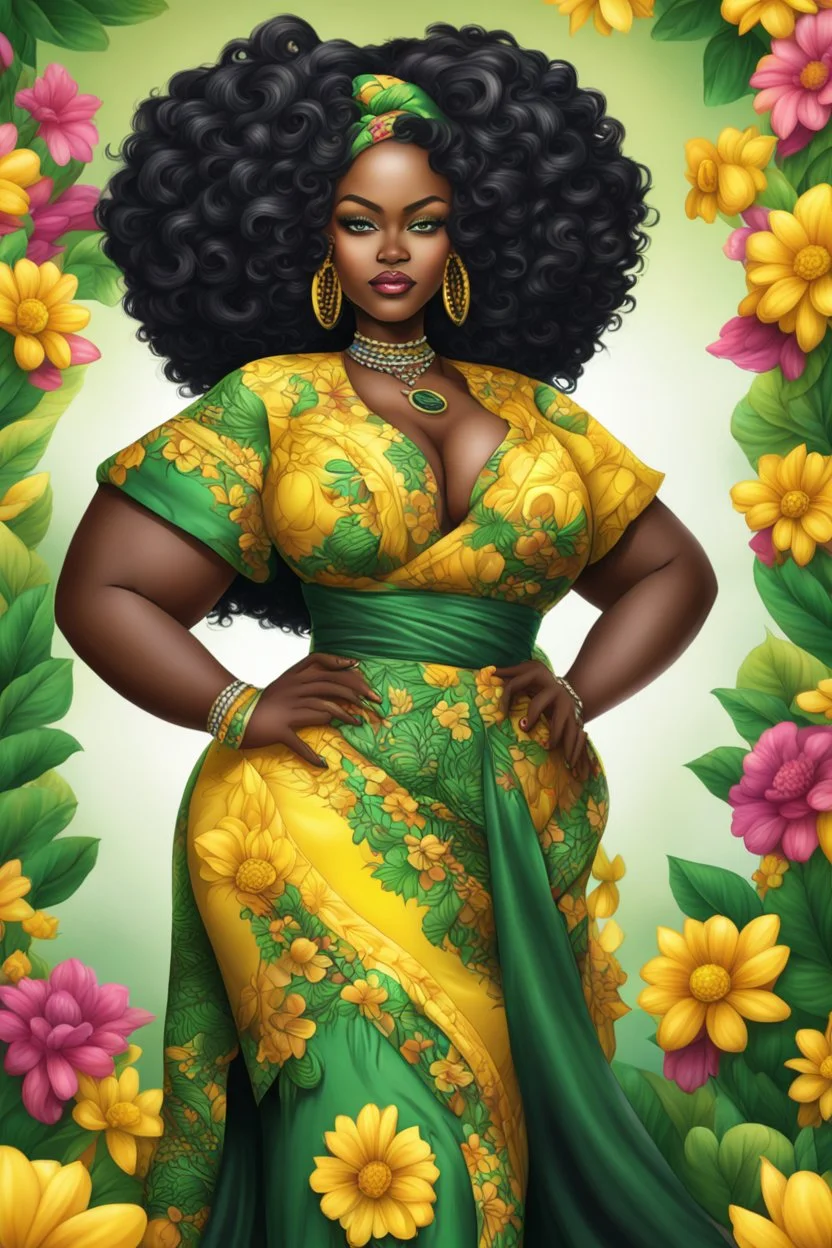 Create a digital airbrush cartoon of a curvy African female wearing Nigeria outfit that's yellow, green and black. Prominent make up with hazel eyes. Highly detailed very long extremely curly black hair. Her skin is smooth and silky. Background of a judge full of colorful flowers