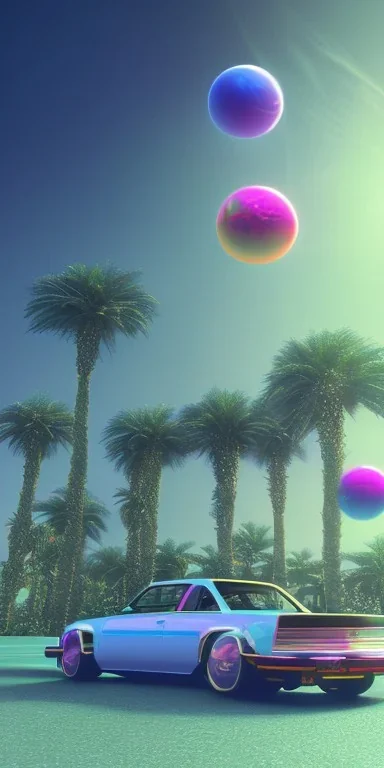 1980's aesthetic vaporwave palm trees with spheres and car and ufo