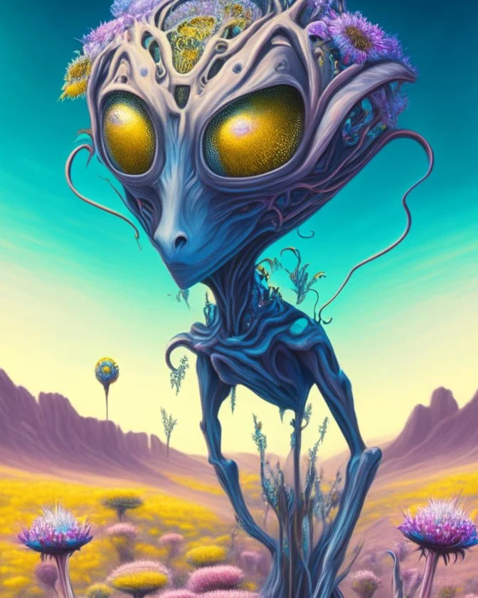 an ethereal alien creature with three eyes, with several extra limbs and slender composition, is i transitioning wild landscape full of flowers , highly polished, chrome airbrush style, dreamlike composition, color penciling color palette, surrealistic retro-futurism, fantasy, vintage scifi, psychedelic aesthetic, Camilla d'errica, pop surrealism, highly detailed, arthur lismet, artstation, 1960s psychedelic drawing, smooth