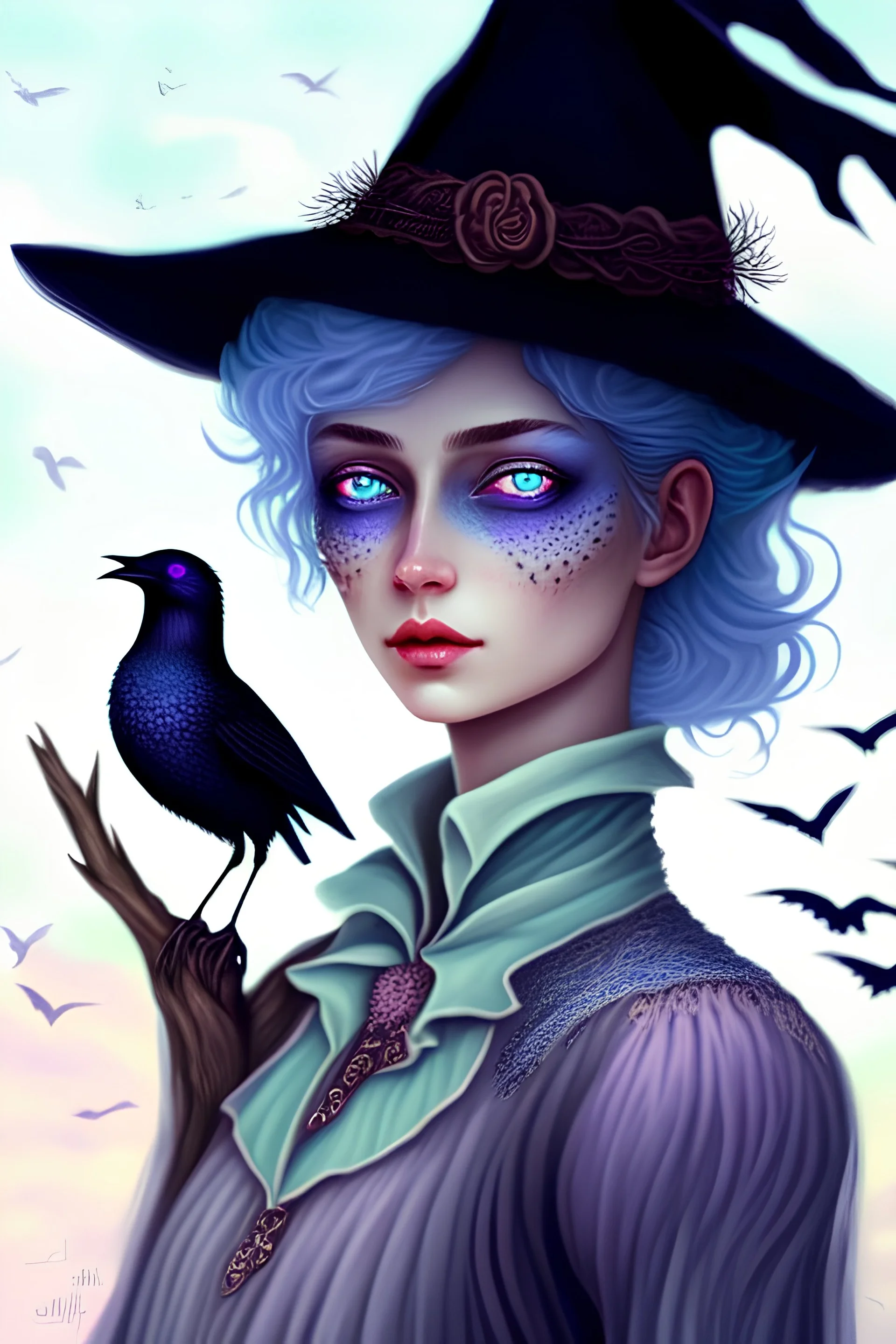 Friendly witch, playing with crows, perfect eyes, perfect iris, pastel colour, chalk, style Elisabeth Kreitz