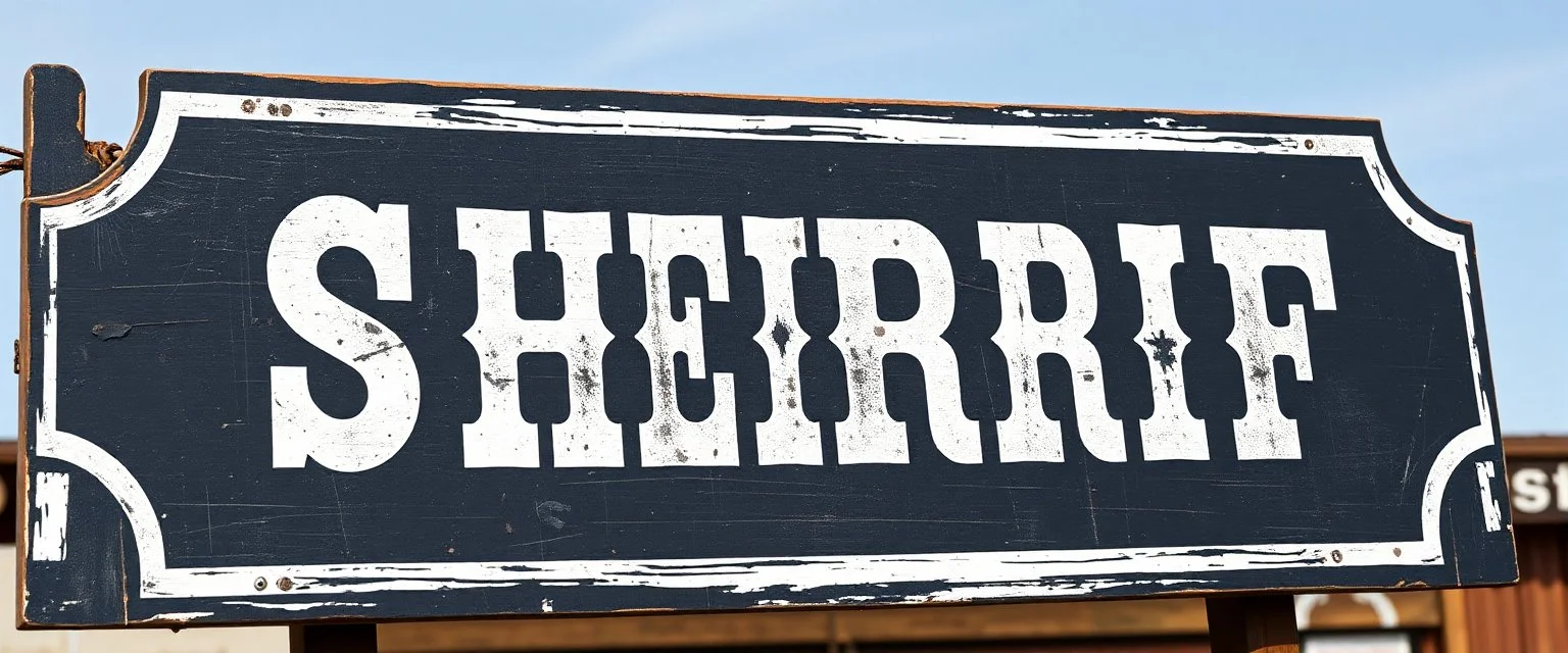fill composition with large and wide hand painted old western sign that reads: "SHERRIF" white on black with inset white stripe aged paint