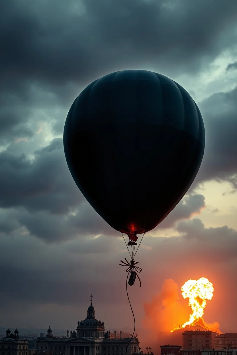 one bursts big black party balloon on sky, high realistic, storm, gloomy, surreal, little city, ruins, professional photo, cinematic, utopistic